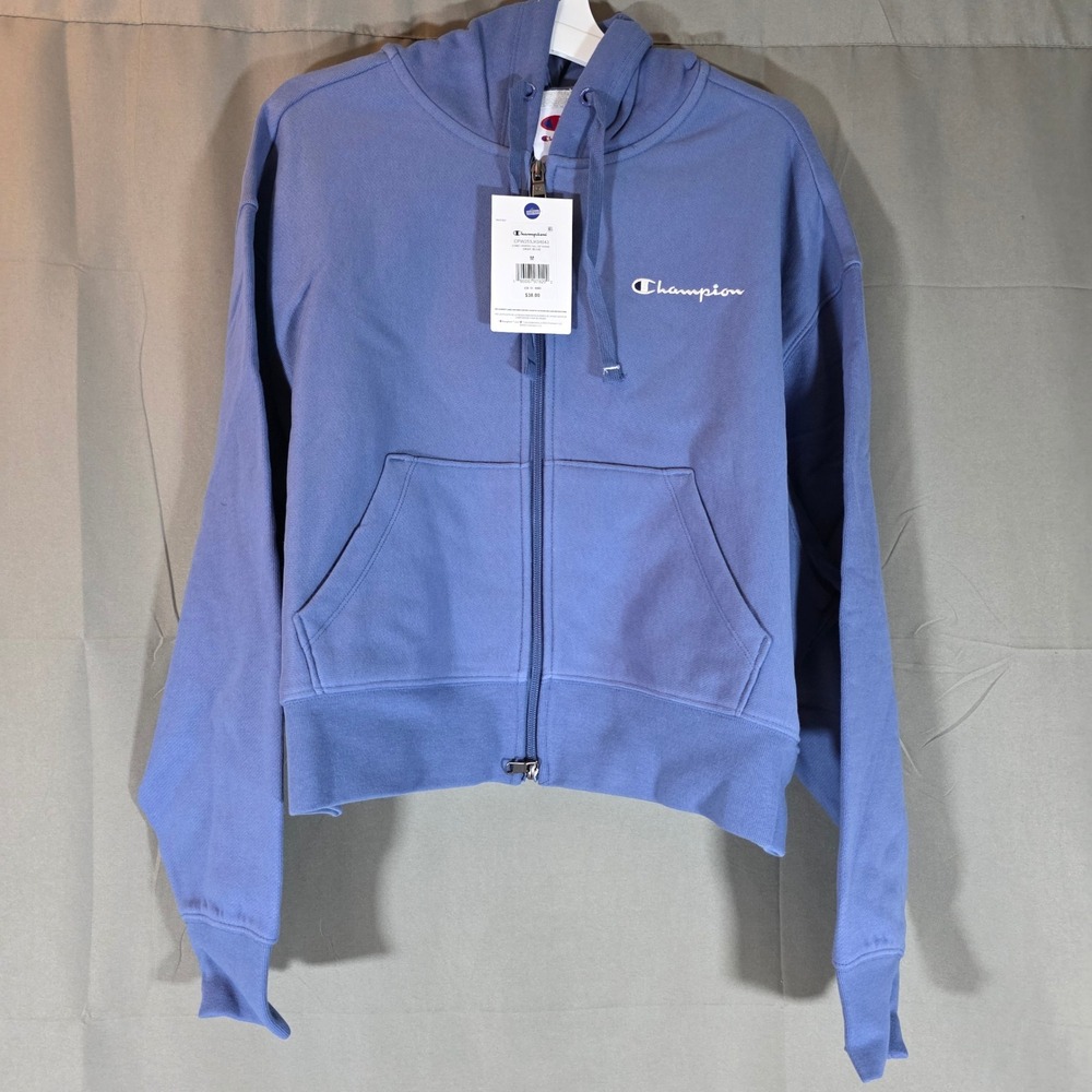 Champion‎ Iconic Cropped Full Zip Hoodie Gray Blue CPW253JK04043 Womens M NWT